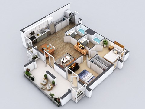 Floor plan for 2 beds, 2 baths, 967 sqft